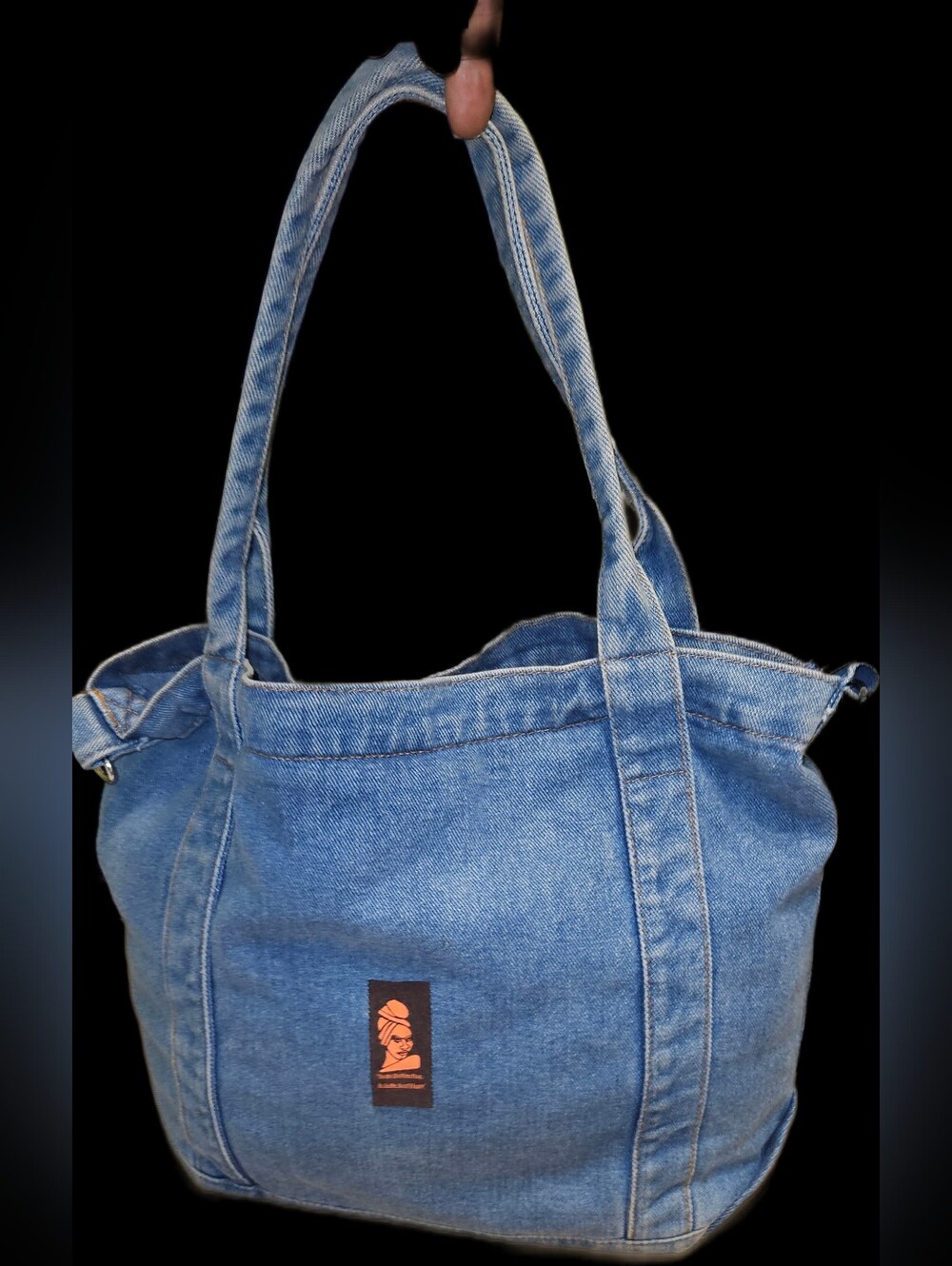 Denim Tote Bag with Embroidered Patch - Blue